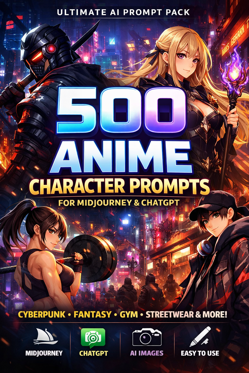 500 AI Anime Character Prompts for Midjourney, ChatGPT & AI Art Generators | Ultimate Anime Prompt Pack