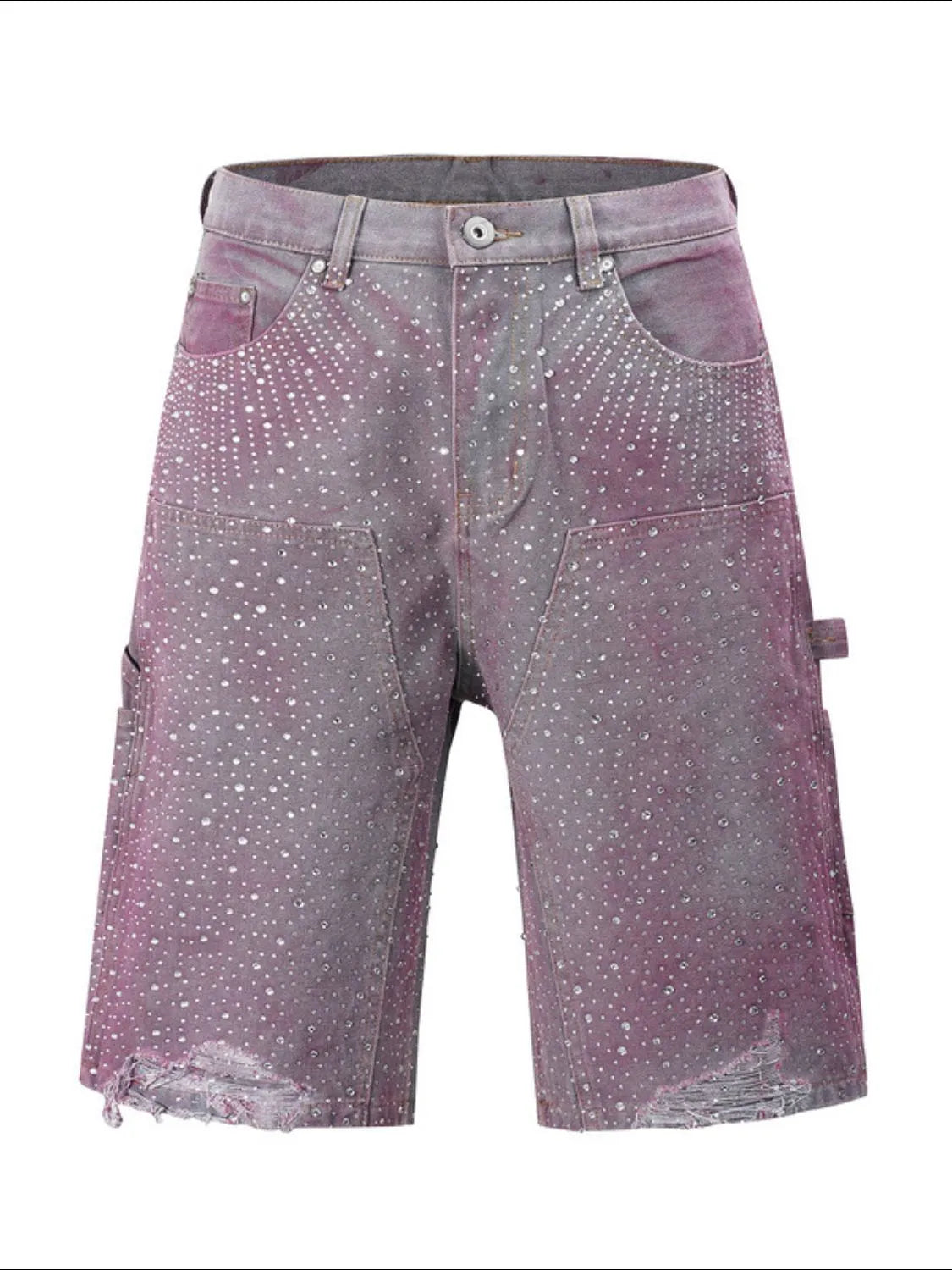 Men’s Rhinestone Cargo Denim Shorts - Sparkle Streetwear Shorts with Pockets - Fuchsia Pink - Image 6