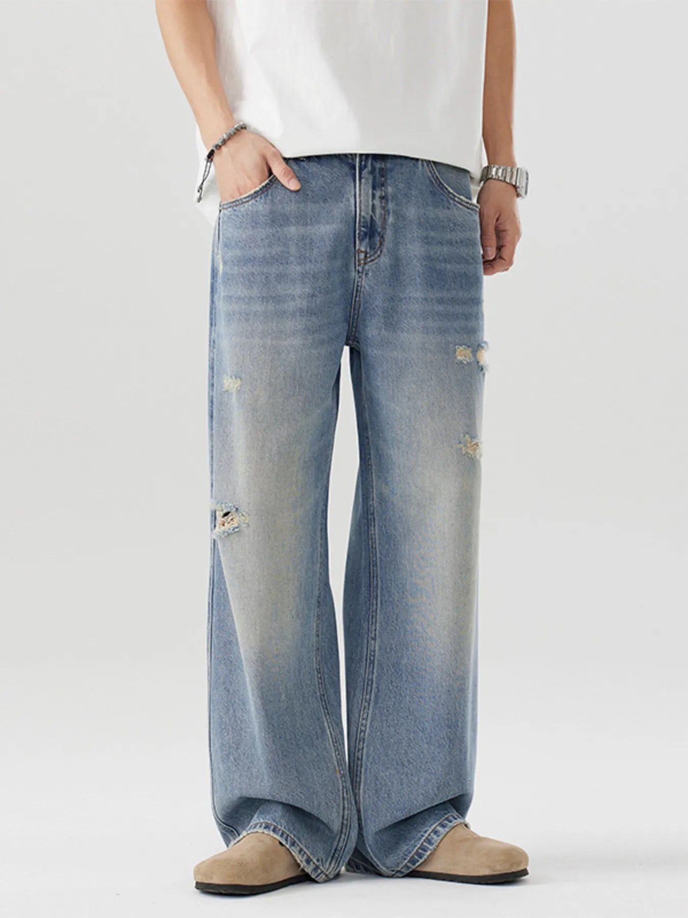 738 Men's Distressed Wide Leg Jeans – Men's wide leg jeans streetwear fit