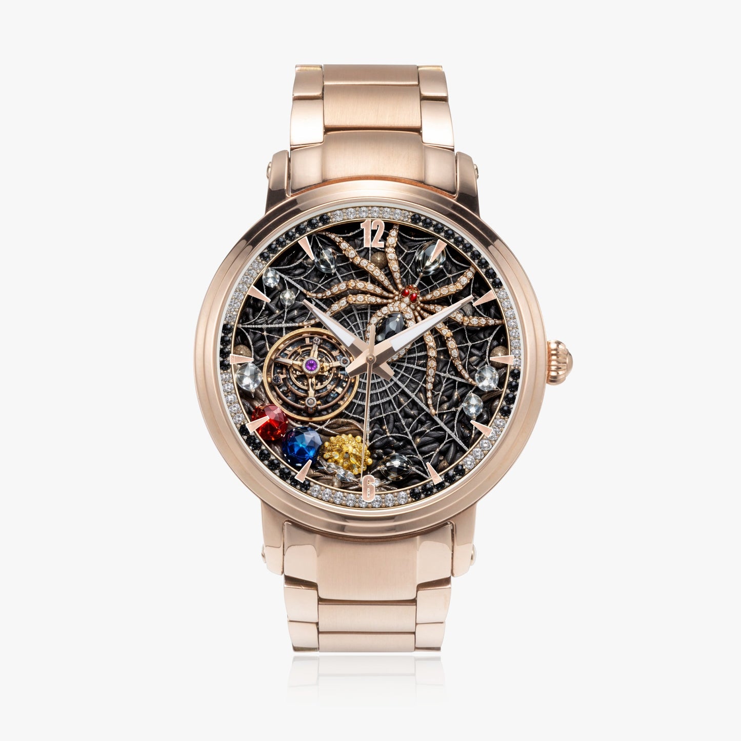 Jaycoh™ Spyder Web Assorted Incrusted Diamonds 213. New Steel Strap Automatic Watch (With Indicators) | Print-on-Demand Custom Watch - close-up detail | print on demand watch print custom watch