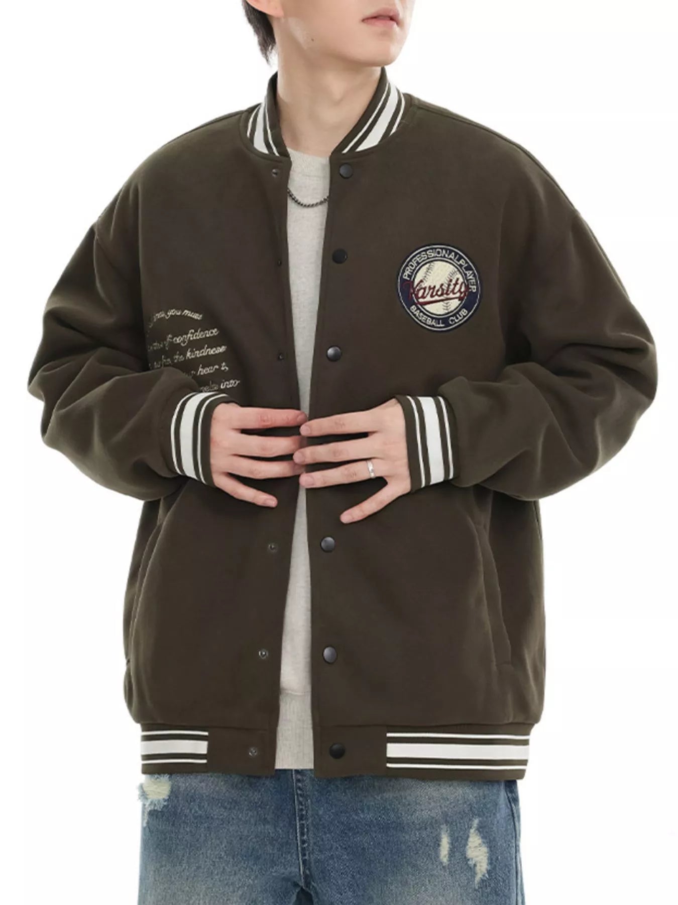 Snap Down College Varsity Jacket – Melange Gray – fabric detail