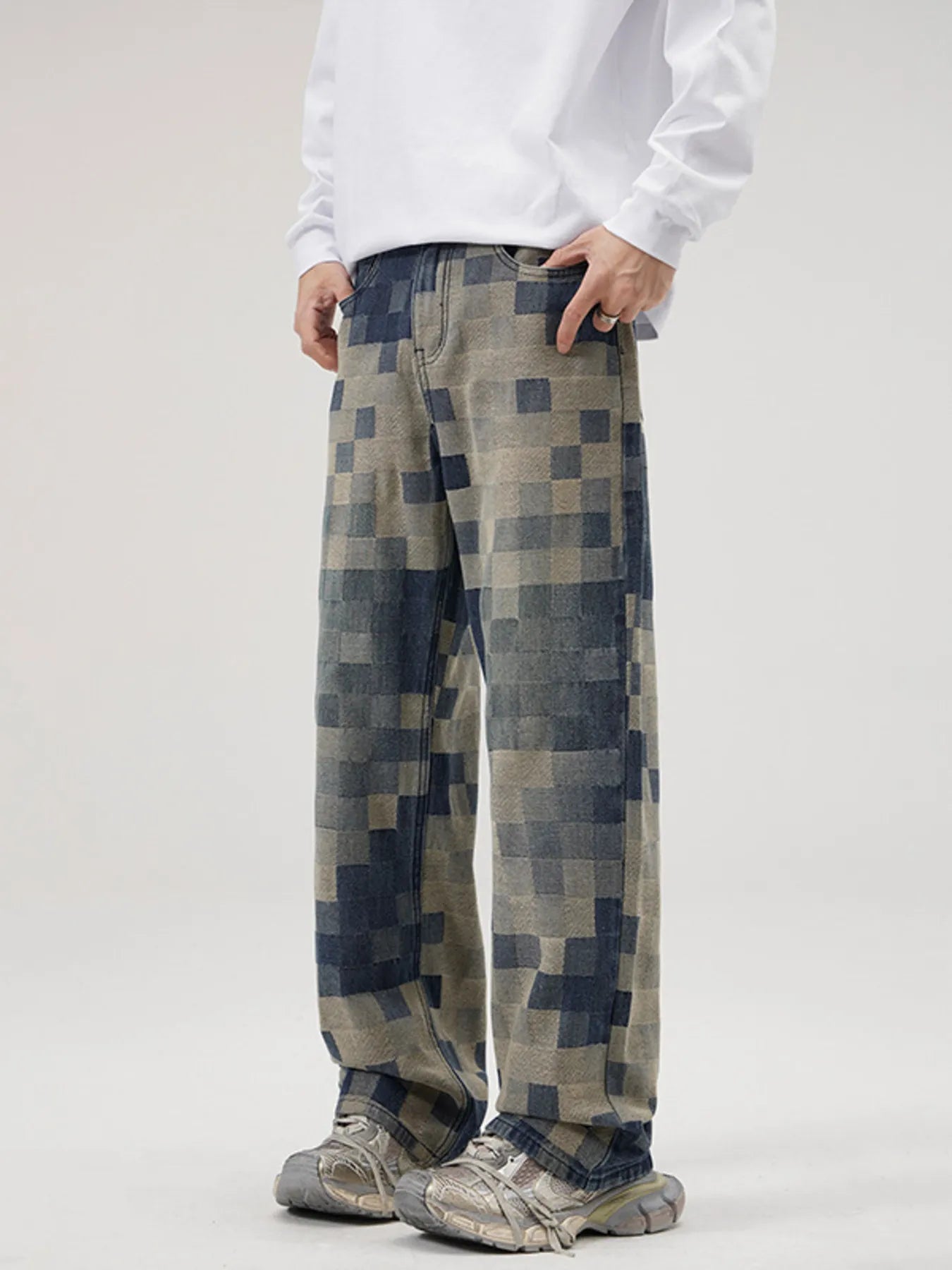 1258 Men's Full Size Pixelated Print Loose Fit Jeans Plus Size – men's graphic jeans (front view)