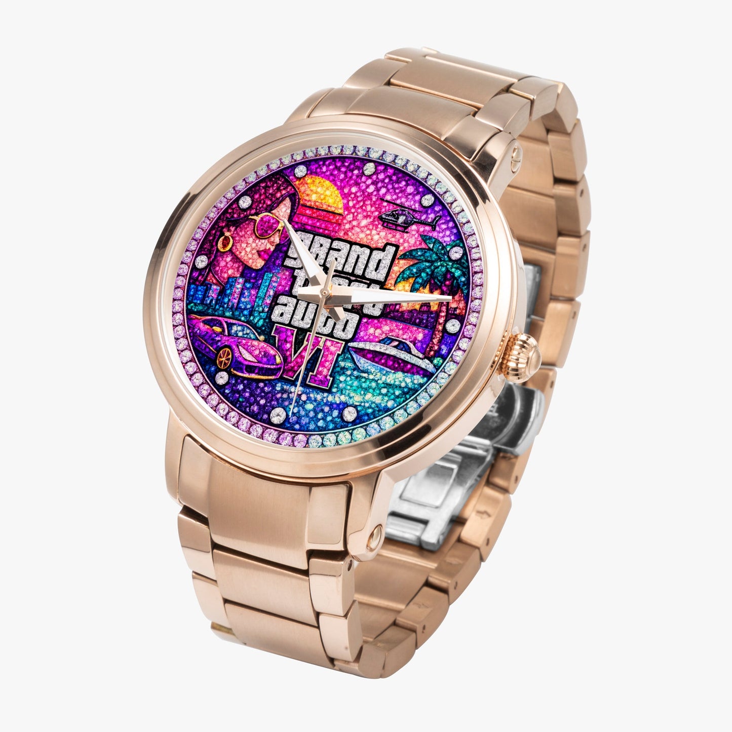 Jaycoh™ GTA 6 Incrusted Color Diamonds 212. New Steel Strap Automatic Watch | Print-on-Demand Custom Watch - product photo | print on demand watch print custom watch