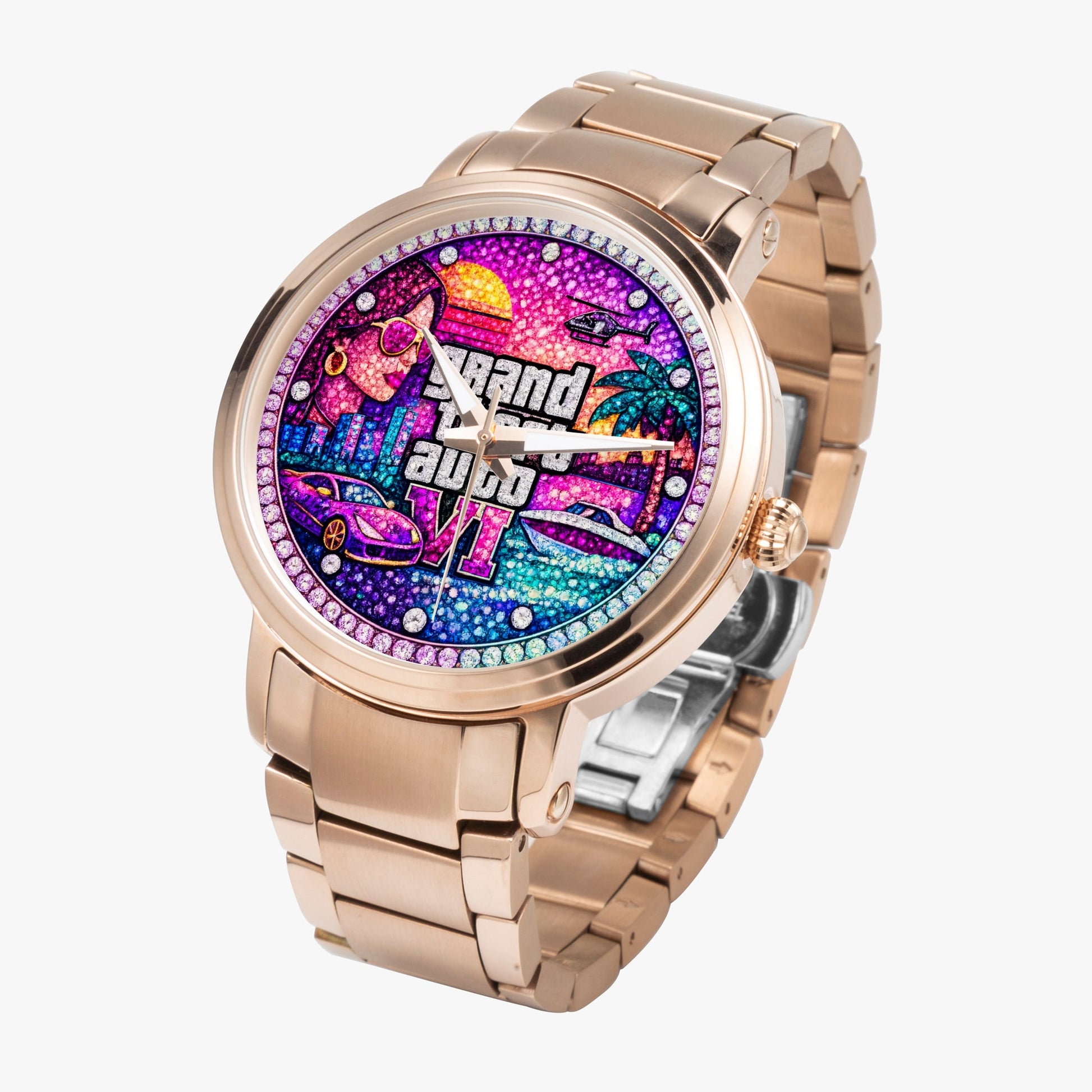 Jaycoh™ GTA 6 Incrusted Color Diamonds 212. New Steel Strap Automatic Watch | Print-on-Demand Custom Watch - product photo | print on demand watch print custom watch