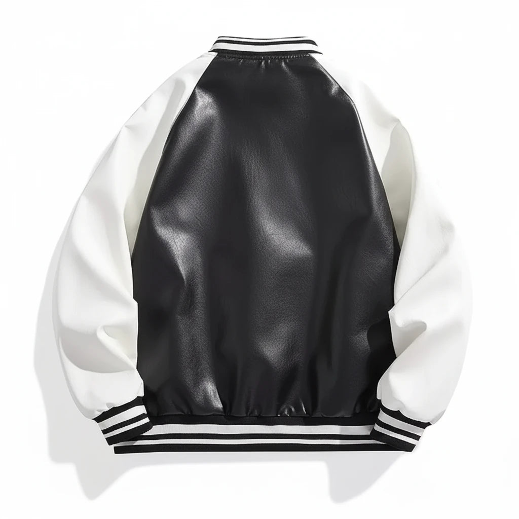 Black and White Long Sleeve Varsity Jacket – Black – back view