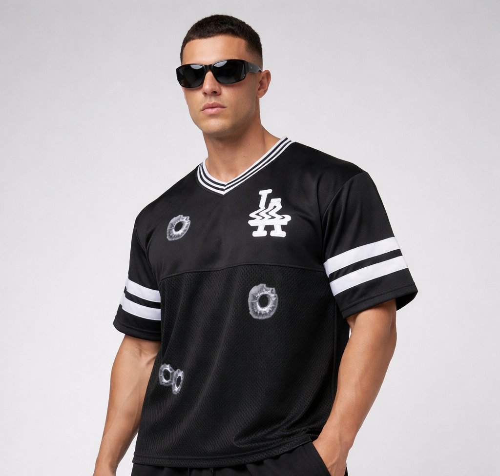 Glitched LA Taped Mesh Boxy Jersey Shirt (Black) - Luis’s Locker
