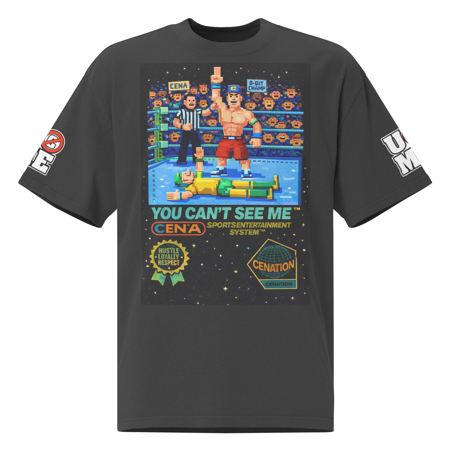 8 Bit pixel John Cena U Can't C Me Oversized Faded Graphic Tee WWE Merch - Black color - front view