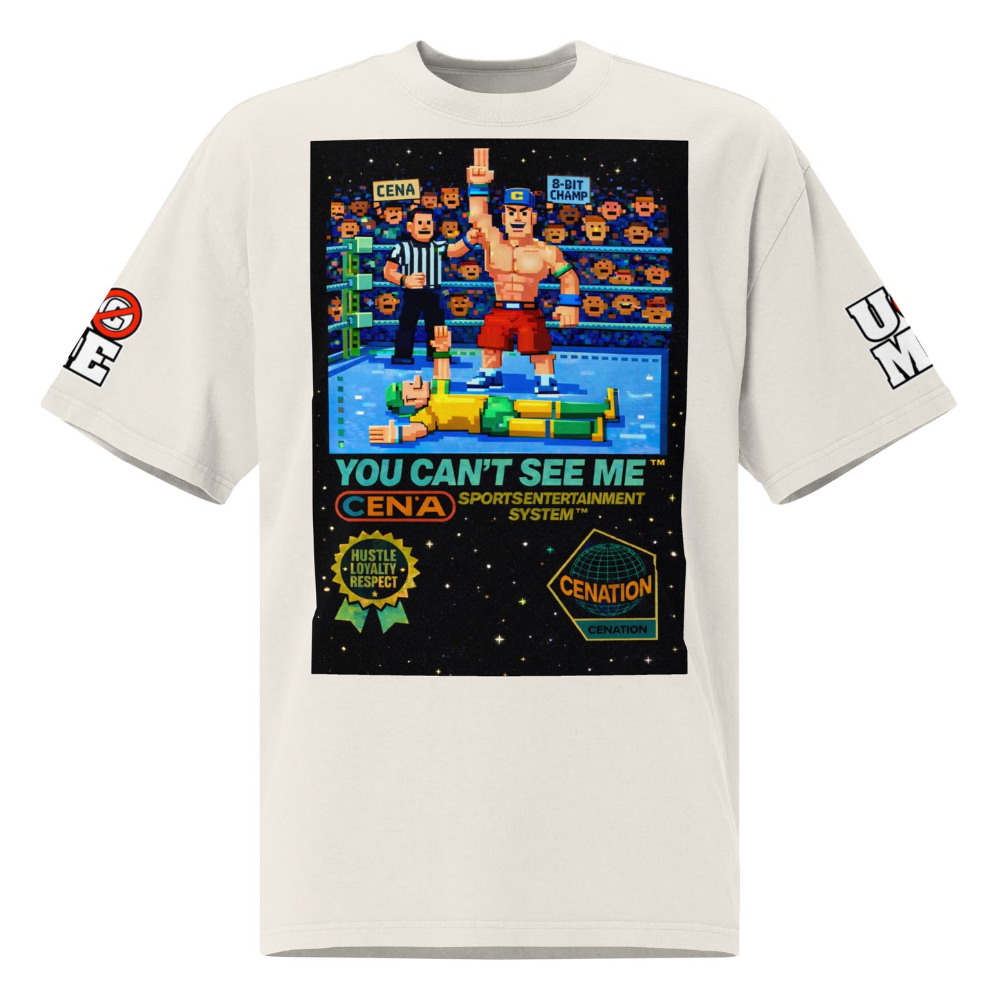 8 Bit pixel John Cena U Can't C Me Oversized Faded Graphic Tee WWE Merch - Bone color - front view