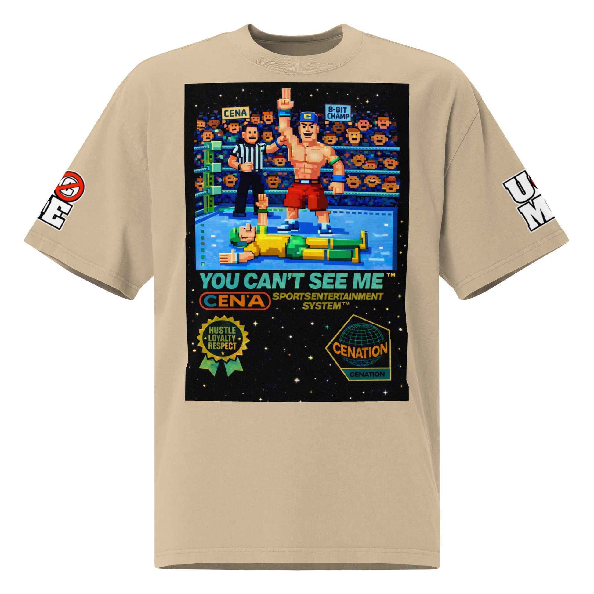 8 Bit PIXel John Cena U Can't C Me Oversized Faded Graphic Tee WWE Merch - Khaki color - front view