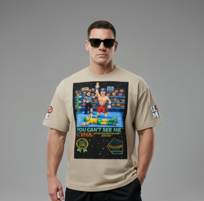 8 Bit pixel John Cena U Can't C Me Oversized Faded Graphic Tee WWE Merch - Khaki color - model close up