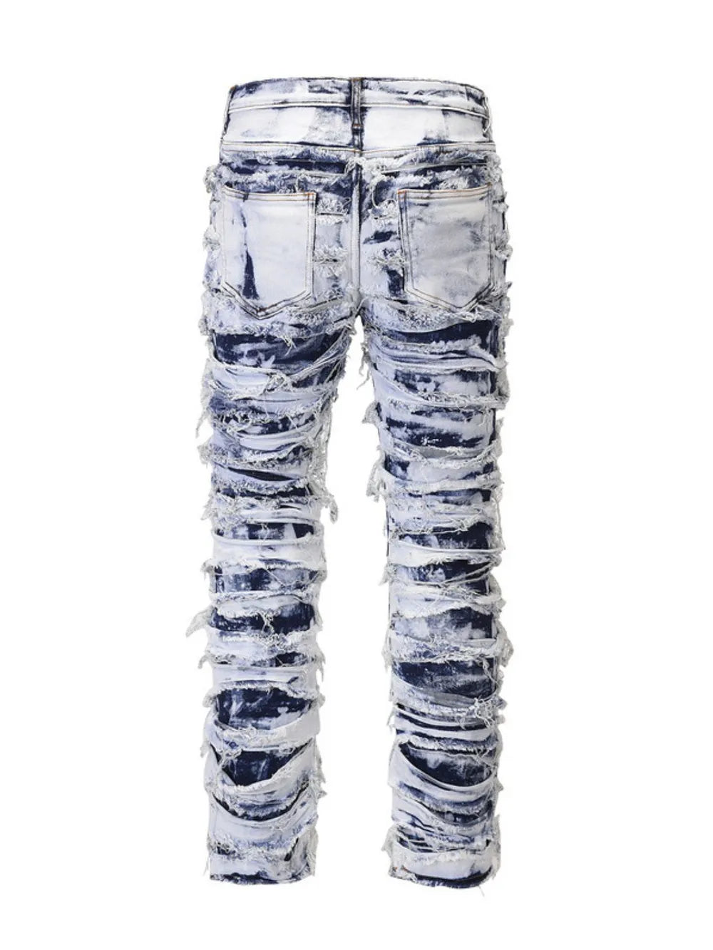 men’s stacked denim jeans with distressed panel detailing in medium