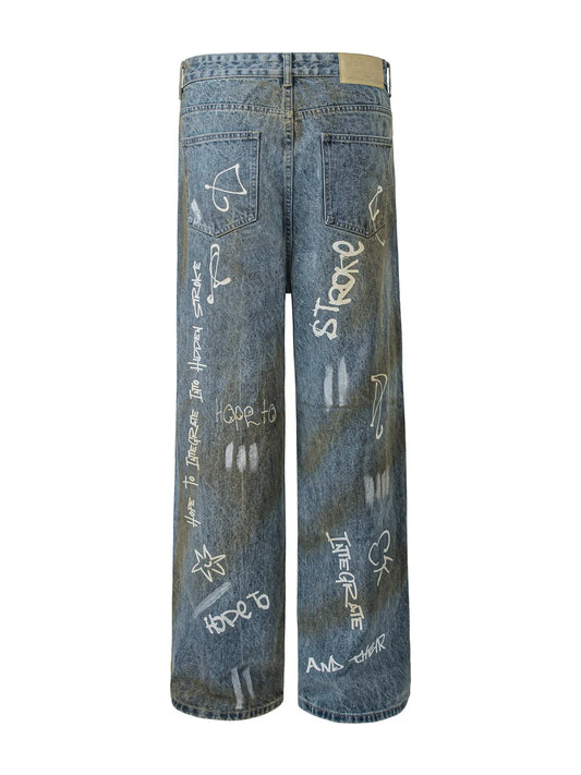 1269 Men's Graffiti Art Loose Fit Jeans – men's graphic jeans (front view)