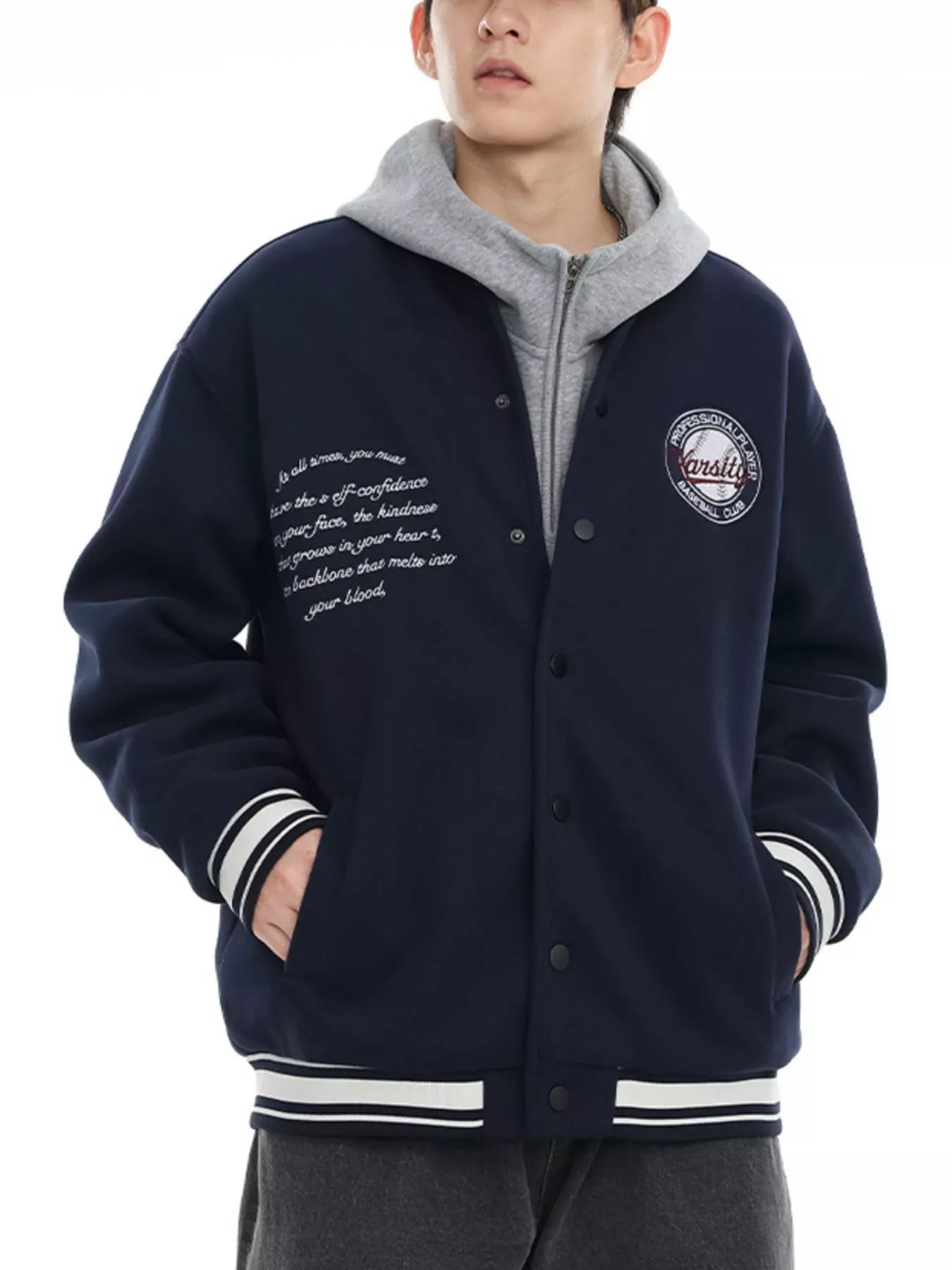Snap Down College Varsity Jacket – Army Green – lifestyle view