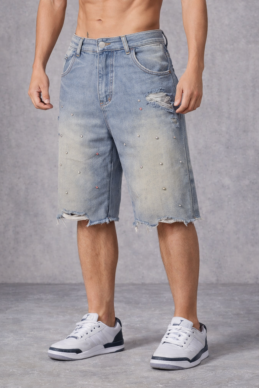 Men’s Rhinestone Distressed Frayed Hem Denim Shorts - Luis’s Locker
