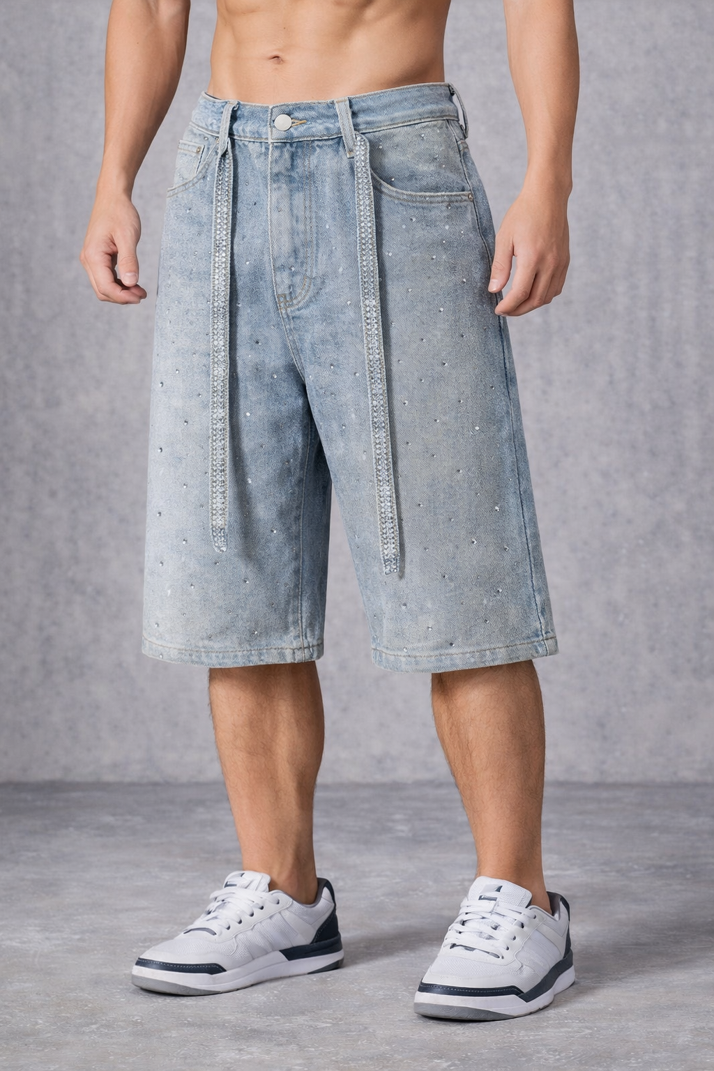 Men’s Washed Rhinestone Denim Bermuda Shorts - Streetwear Sparkle Fit - Medium - Main image