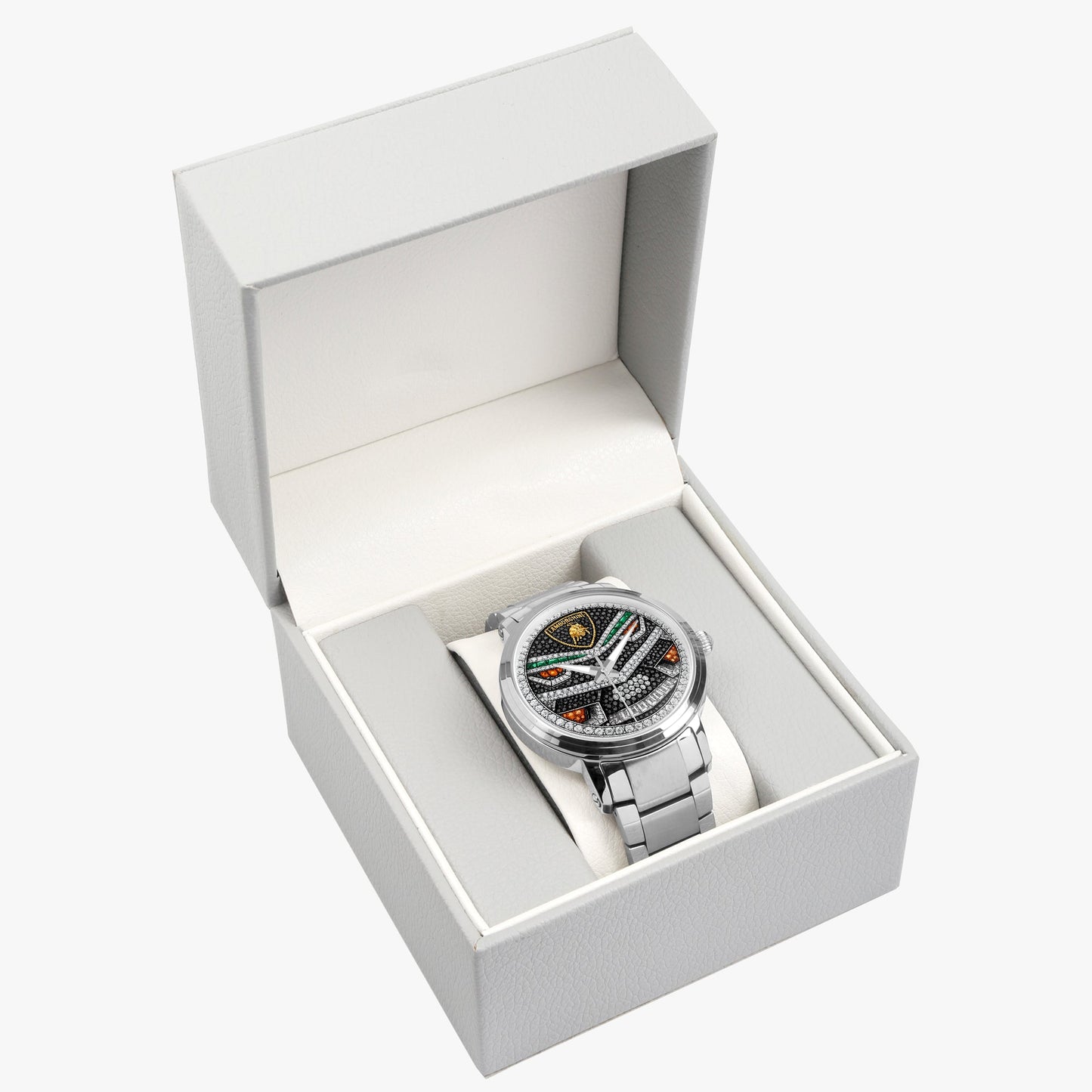 Jaycoh™ Lambo Aventador Incrusted Diamonds 212. New Steel Strap Automatic Watch | Print-on-Demand Custom Watch - product photo | print on demand watch print custom watch