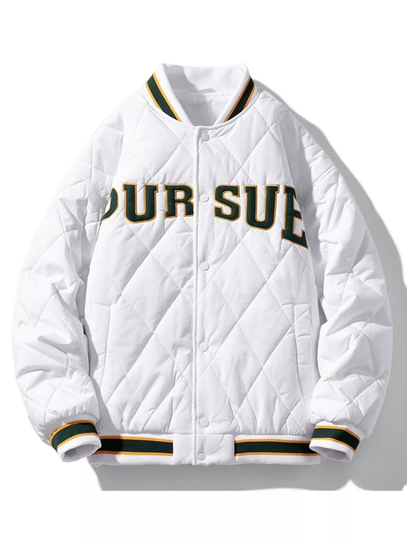 White and Black Quilted Padded Varisty Jacket – White – front view