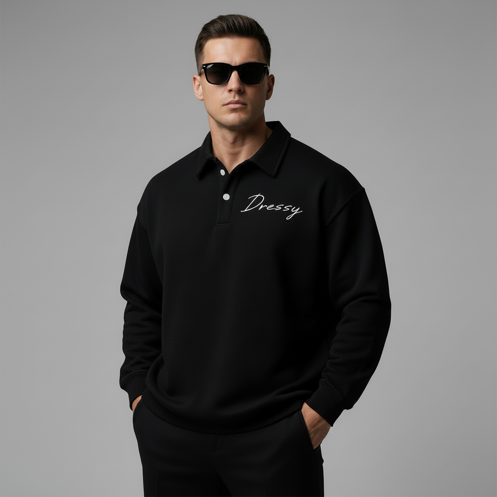 Dressy Mens Heavyweight Polo-Collar Casual Sweatshirt - Dark Blue - product image