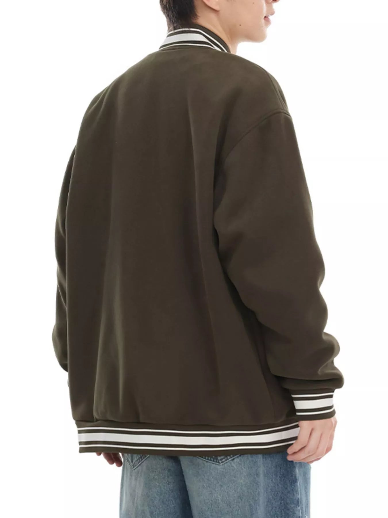 Snap Down College Varsity Jacket – Army Green – front model view