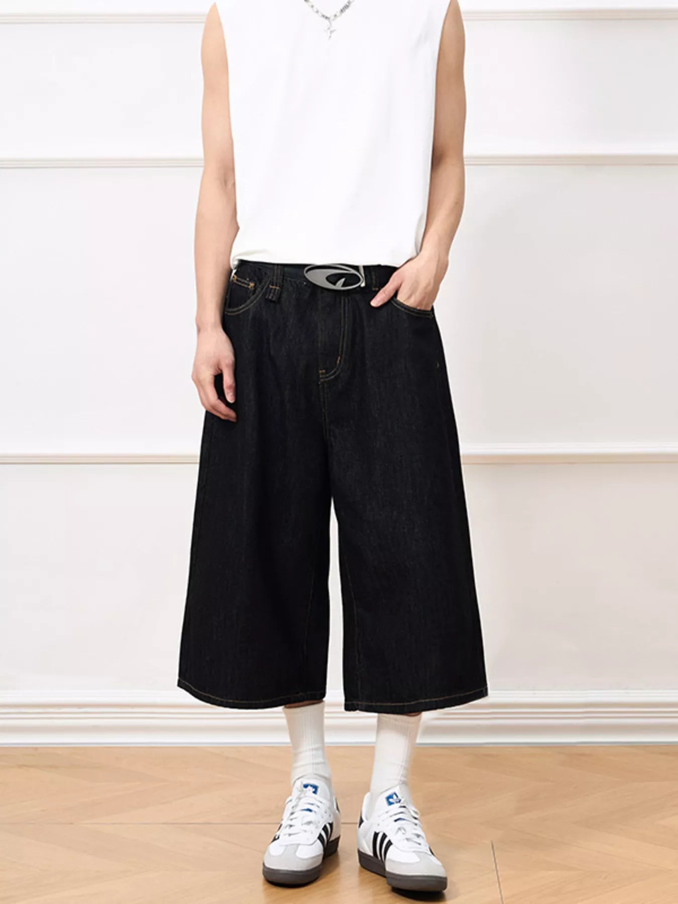 196 Men's Wide Leg Capris Jeans – Men's wide leg jeans streetwear fit