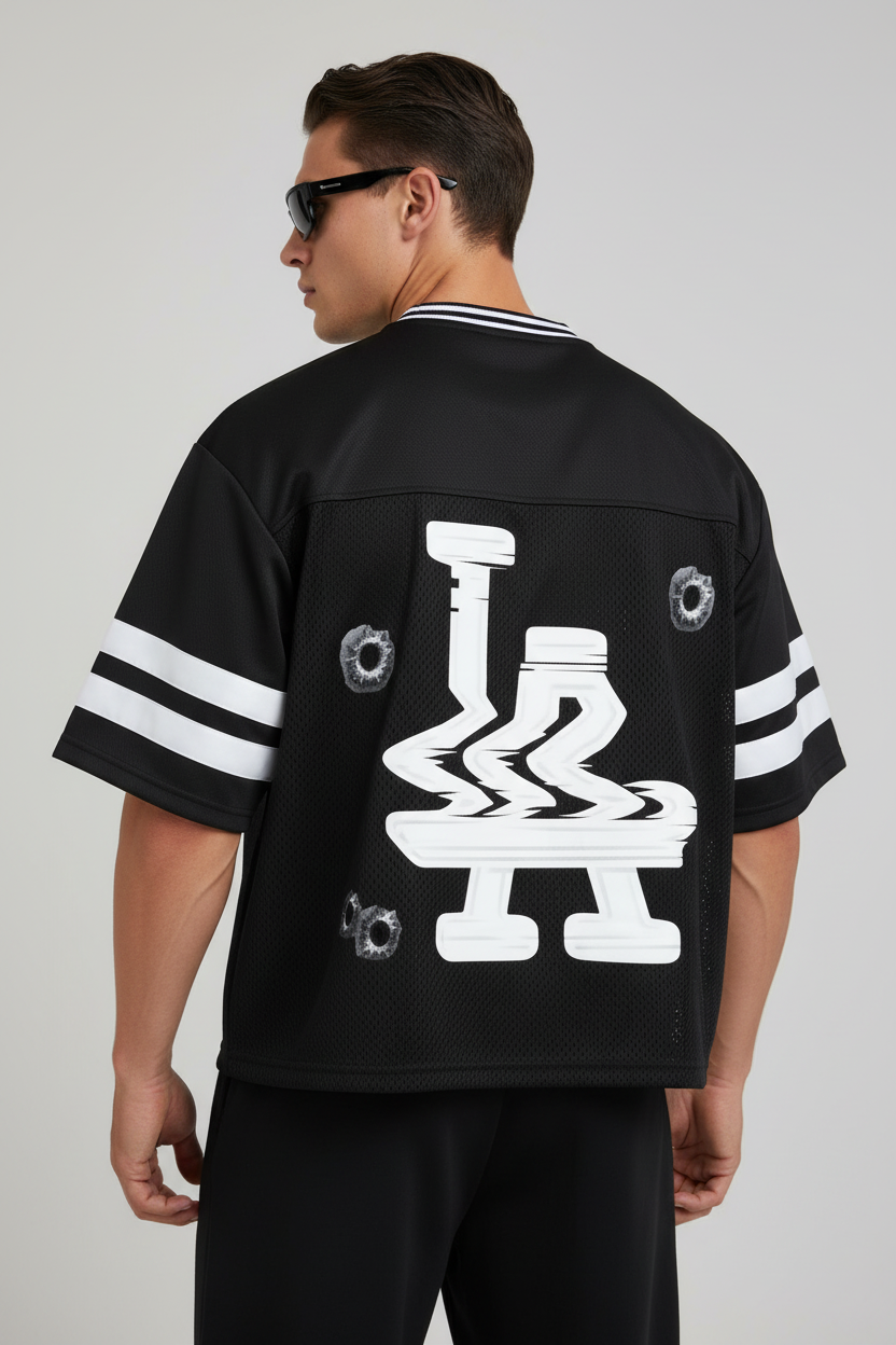 Glitched LA Taped Mesh Boxy Jersey Shirt (Black) - Luis’s Locker