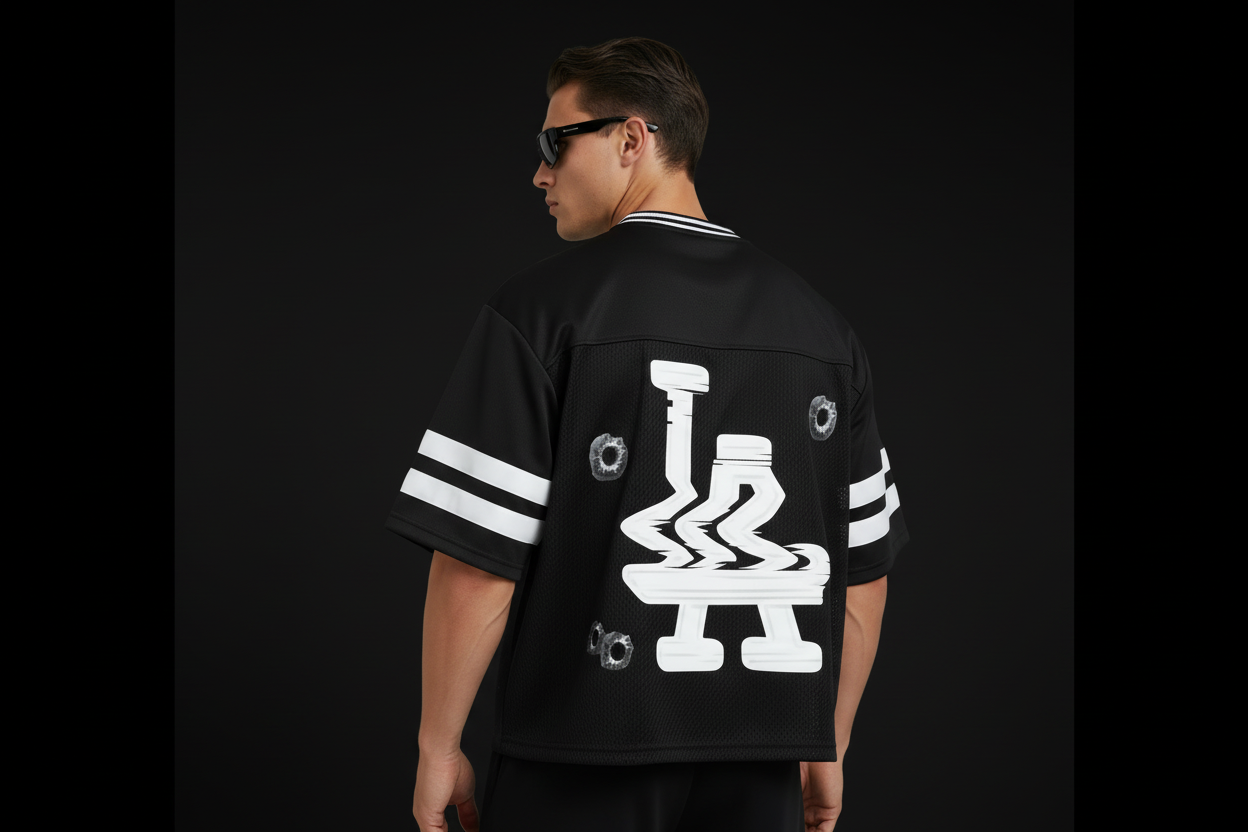 Glitched LA Taped Mesh Boxy Jerseyhemd (Schwarz)