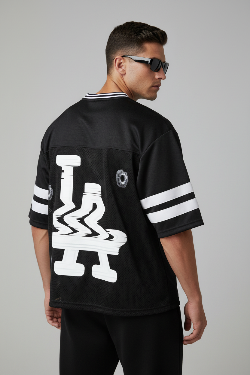 Glitched LA Taped Mesh Boxy Jersey Shirt (Black) - Luis’s Locker