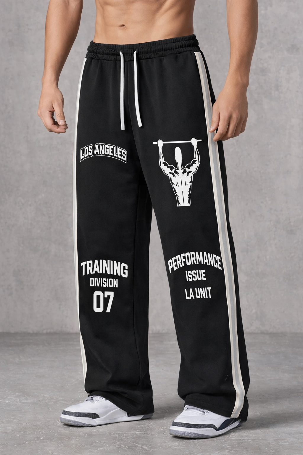 Black Graphic Straight-Leg Sweatpants – Training Division Side Stripe — front view