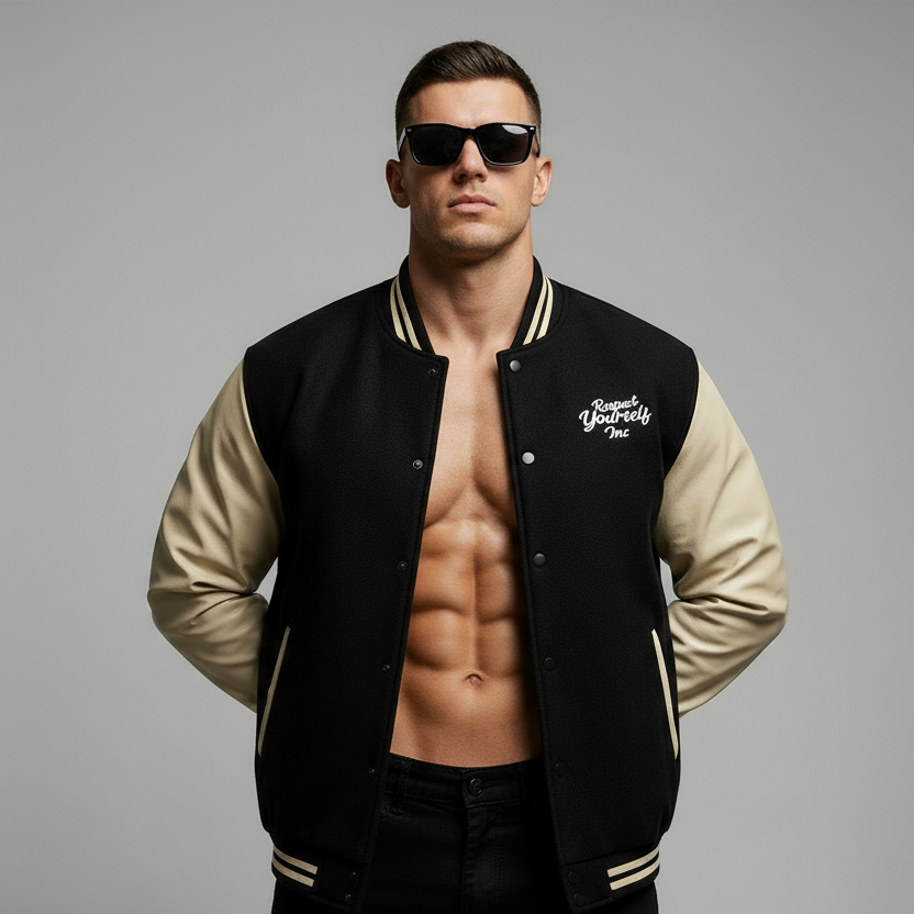 Black and Tan Contrast Varsity Jacket Men