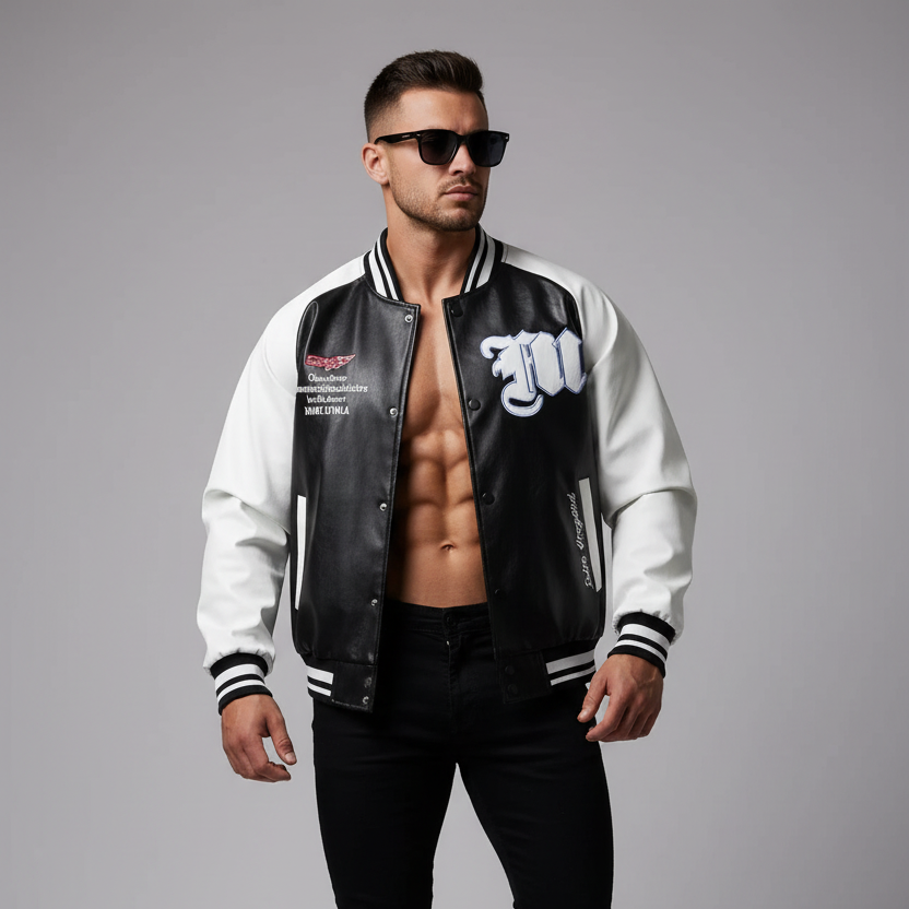Black and White Long Sleeve Varsity Jacket Men