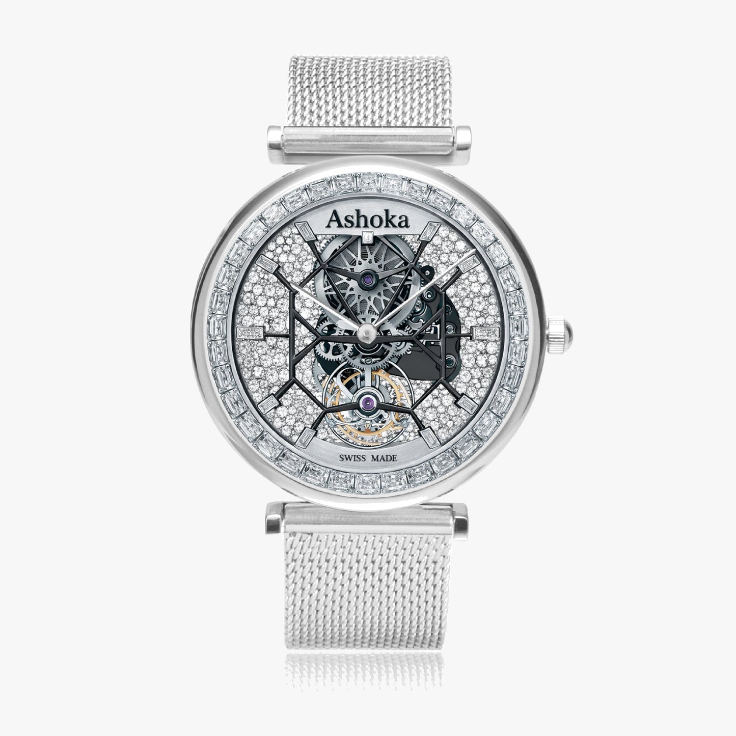 Jaycoh™ Ashoka Billionaire Incrusted White Diamond Turbilon 155. Ultra-Thin Quartz Watch | Print-on-Demand Custom Watch - front view | print on demand watch print custom watch