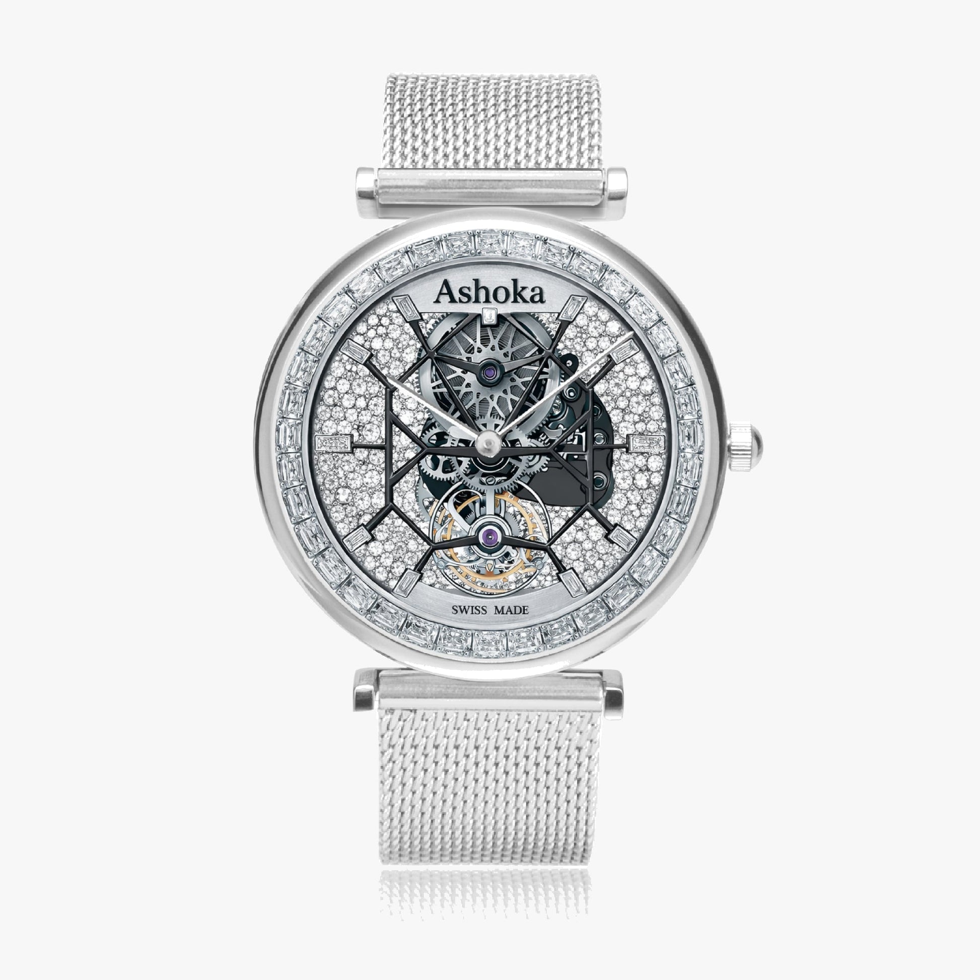 Jaycoh™ Ashoka Billionaire Incrusted White Diamond Turbilon 155. Ultra-Thin Quartz Watch | Print-on-Demand Custom Watch - front view | print on demand watch print custom watch
