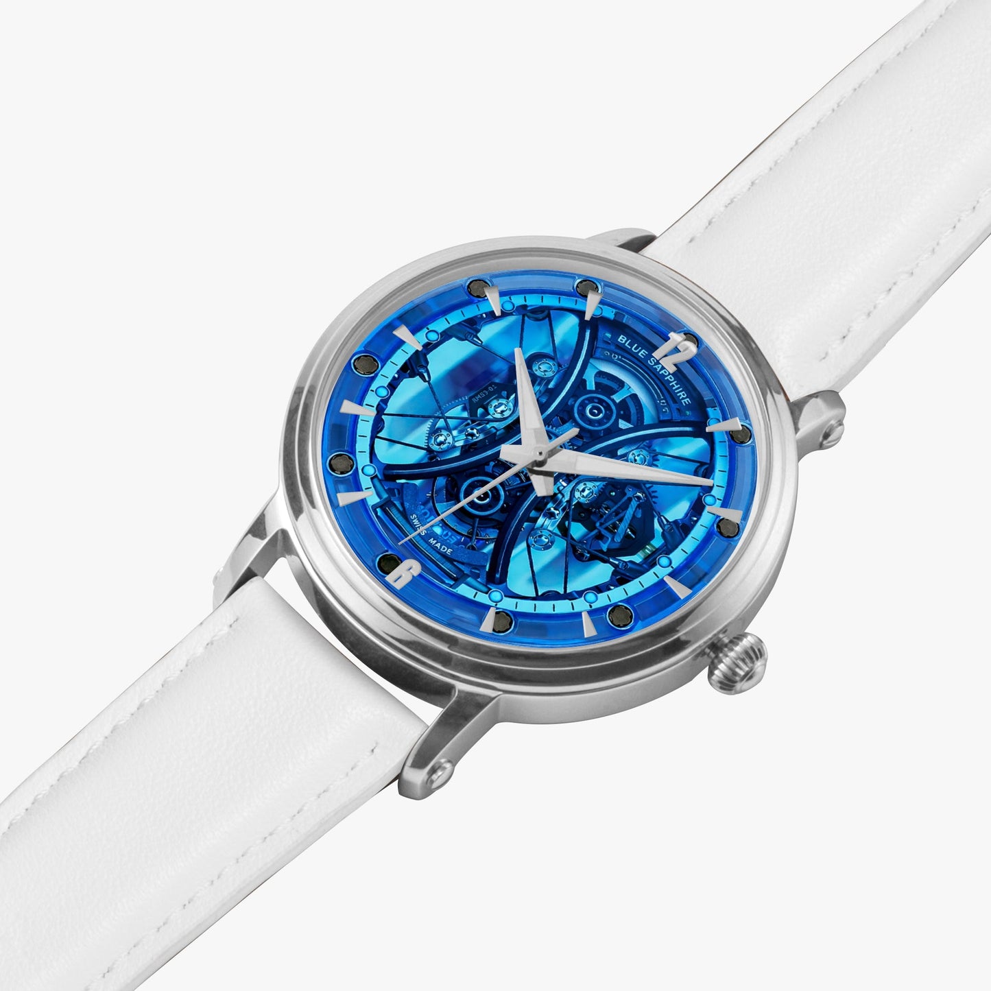 Jaycoh™ Balvin Blue Sapphire Time Piece RM 159. 46mm Unisex Automatic Watch (Silver) | Print-on-Demand Custom Watch - angled view | print on demand watch print custom watch