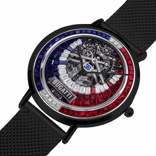 Jaycoh™ Bugati Chiron Engine Incrusted Diamonds Turbilon 167. Stainless Steel Perpetual Calendar Quartz Watch | Print-on-Demand Custom Watch - angled view | print on demand watch print custom watch