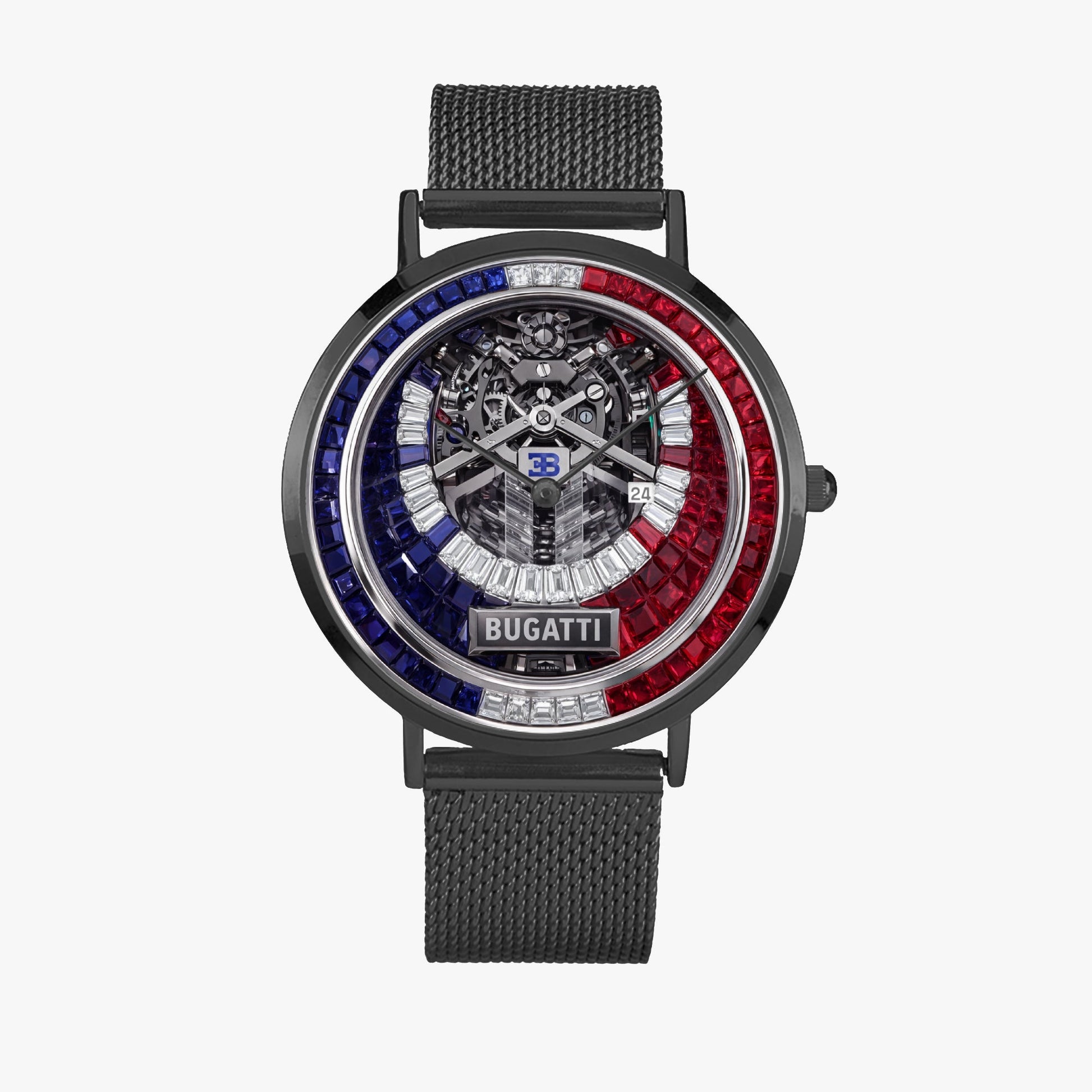 Jaycoh™ Bugati Chiron Engine Incrusted Diamonds Turbilon 167. Stainless Steel Perpetual Calendar Quartz Watch | Print-on-Demand Custom Watch - front view | print on demand watch print custom watch