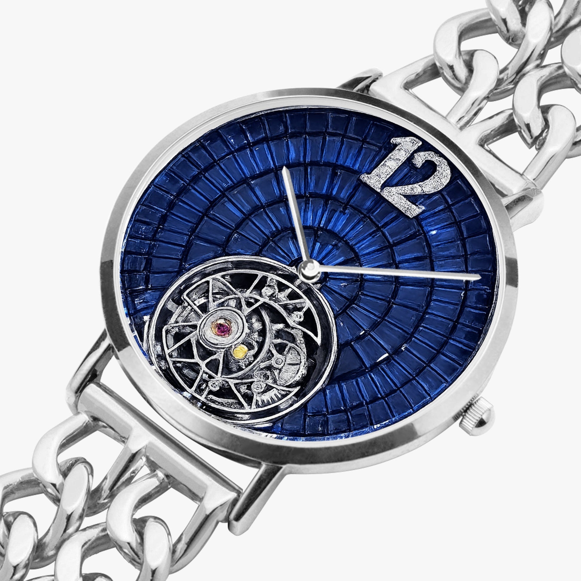 Jaycoh™ Caviar Turbilon Incrusted Blue Shappires 736. Hollow Out Strap Quartz Watch | Print-on-Demand Custom Watch - angled view | print on demand watch print custom watch