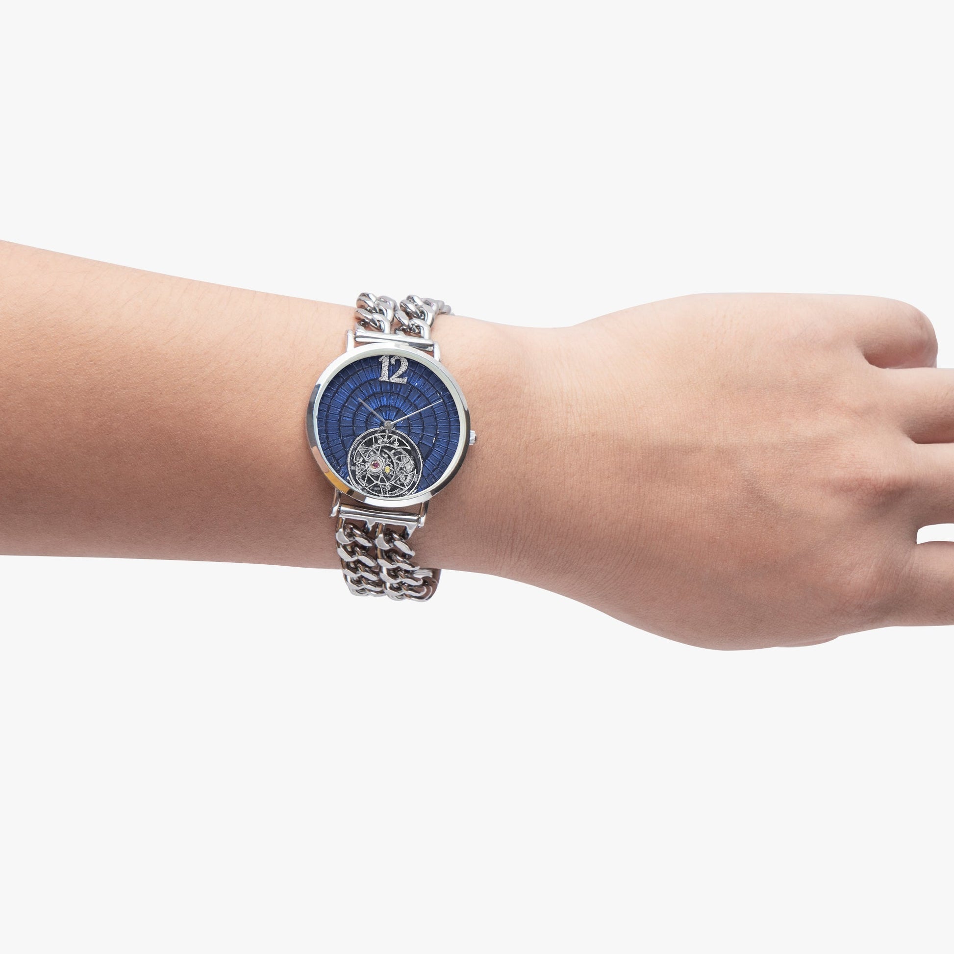 Jaycoh™ Caviar Turbilon Incrusted Blue Shappires 736. Hollow Out Strap Quartz Watch | Print-on-Demand Custom Watch - product photo | print on demand watch print custom watch