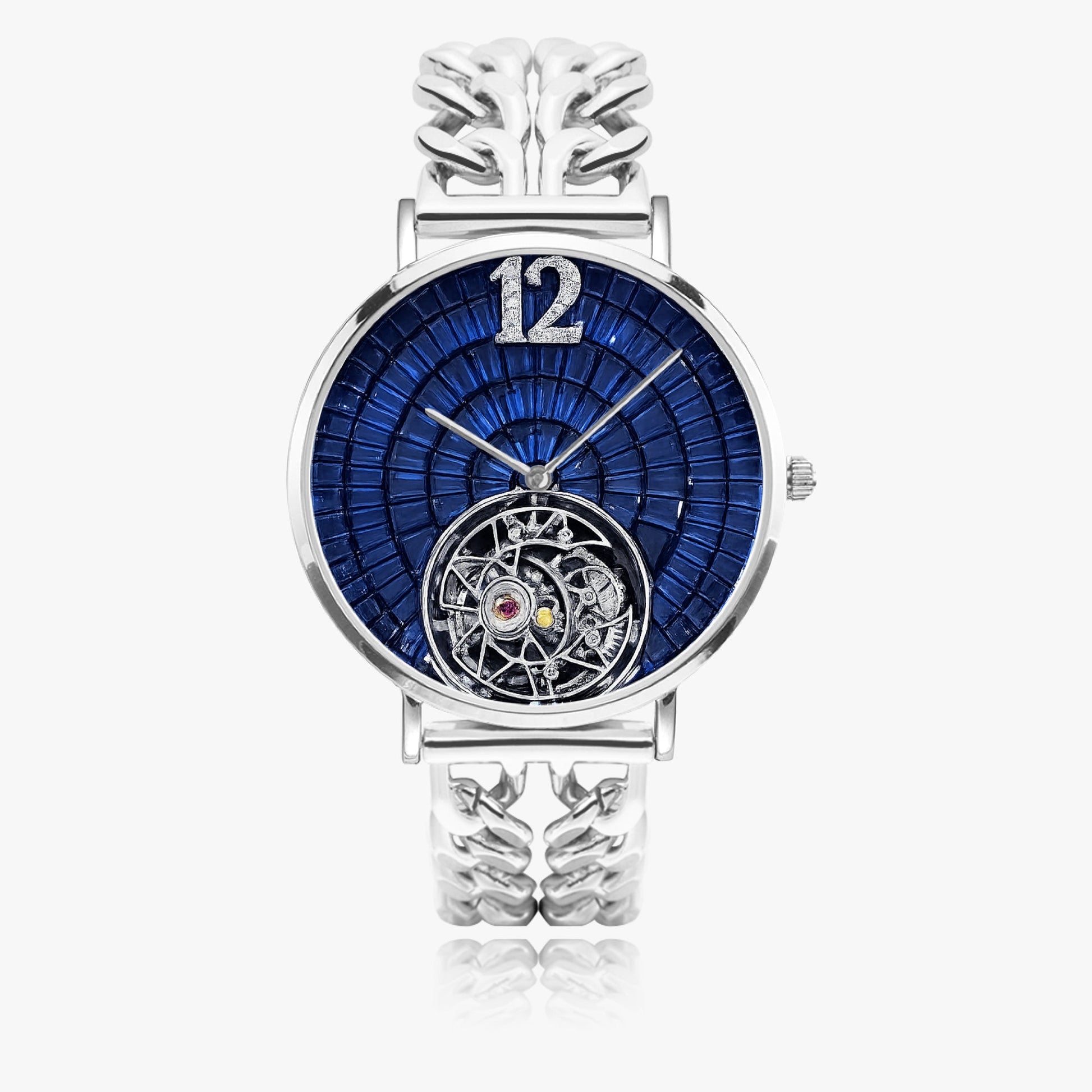 Jaycoh™ Caviar Turbilon Incrusted Blue Shappires 736. Hollow Out Strap Quartz Watch | Print-on-Demand Custom Watch - front view | print on demand watch print custom watch
