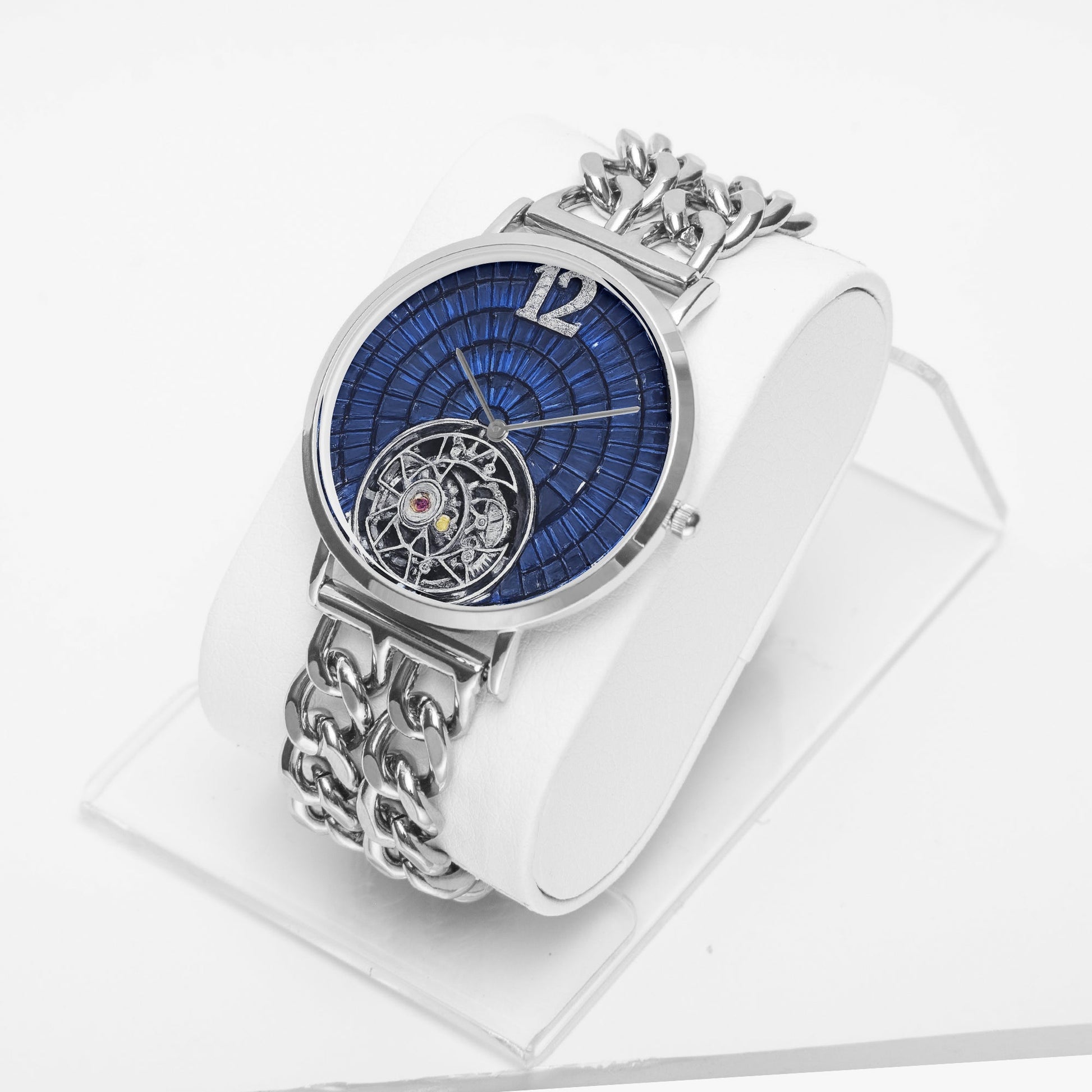 Jaycoh™ Caviar Turbilon Incrusted Blue Shappires 736. Hollow Out Strap Quartz Watch | Print-on-Demand Custom Watch - side view | print on demand watch print custom watch