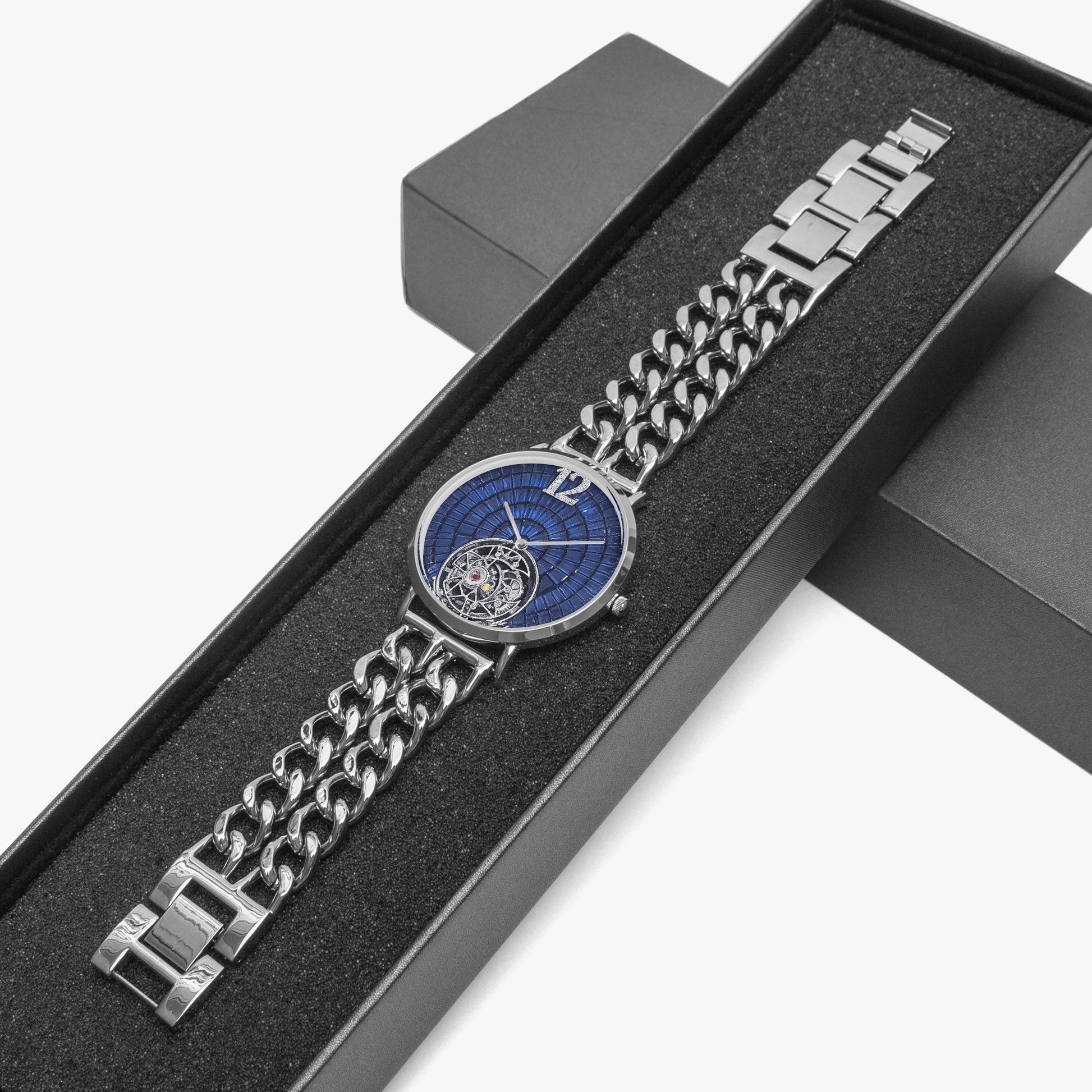 Jaycoh™ Caviar Turbilon Incrusted Blue Shappires 736. Hollow Out Strap Quartz Watch | Print-on-Demand Custom Watch - close-up detail | print on demand watch print custom watch