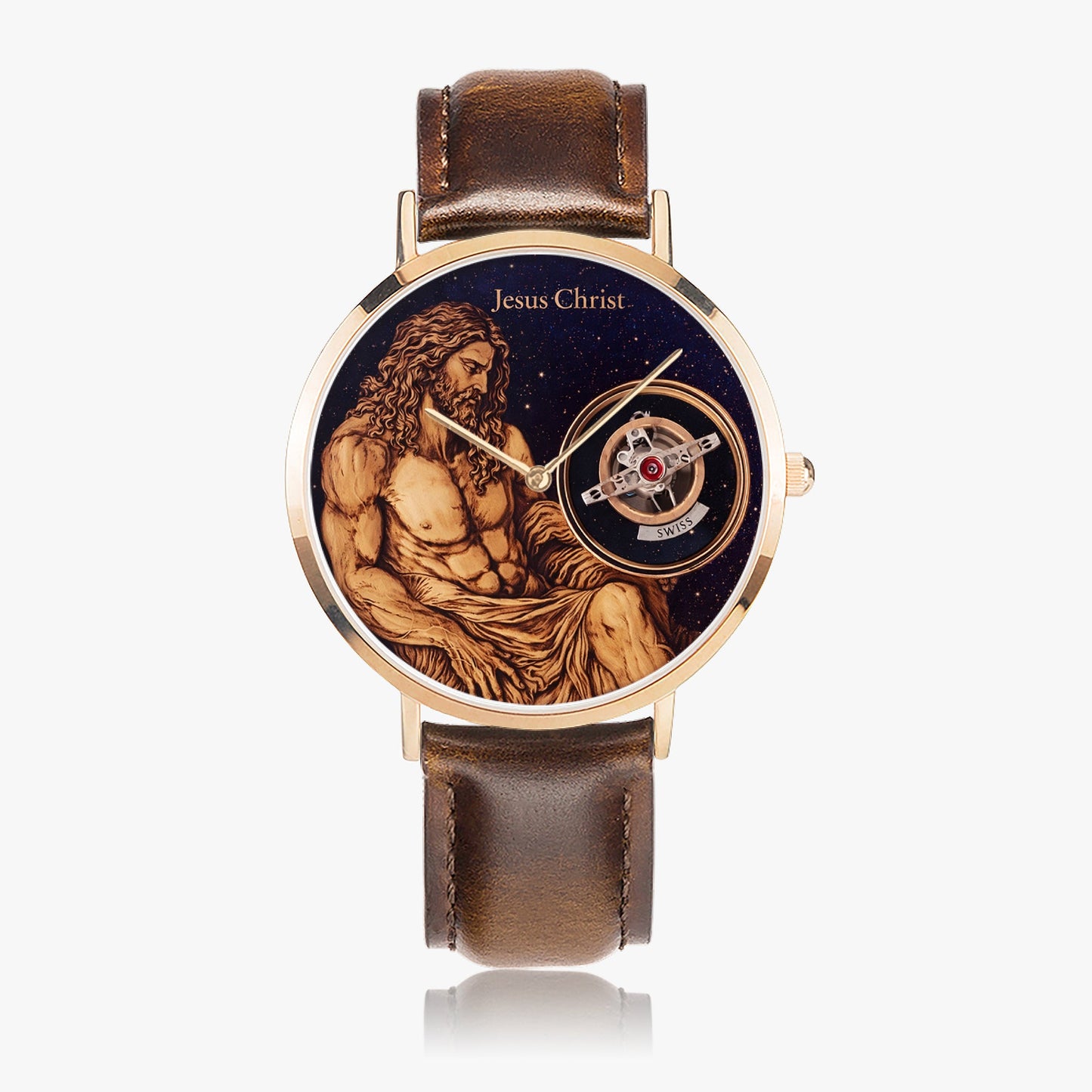 Jaycoh™Jesus Christ Son Of God Time Piece 161. Ultra-Thin Leather Strap Quartz Watch (Rose Gold) | Print-on-Demand Custom Watch - wrist shot | print on demand watch print custom watch