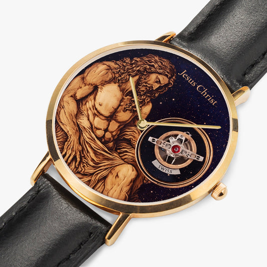 Jaycoh™Jesus Christ Son Of God Time Piece 161. Ultra-Thin Leather Strap Quartz Watch (Rose Gold) | Print-on-Demand Custom Watch - angled view | print on demand watch print custom watch