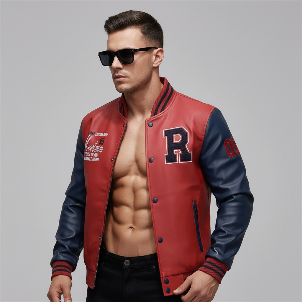 Letter “R” Custom Color Block Zip Up Leather Varsity Jacket Men