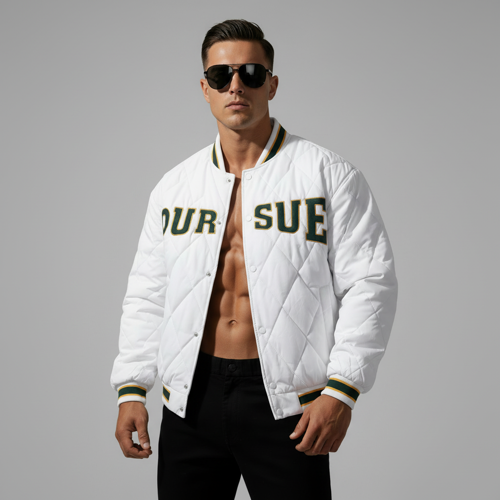 Pursue White and Black Quilted Padded Varsity Jacket Men
