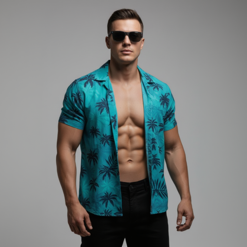 Tommy Vercetti Hawaiian Shirt (Classic Teal) close up