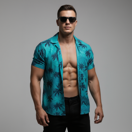 Tommy Vercetti Hawaiian Shirt (Classic Teal) close up