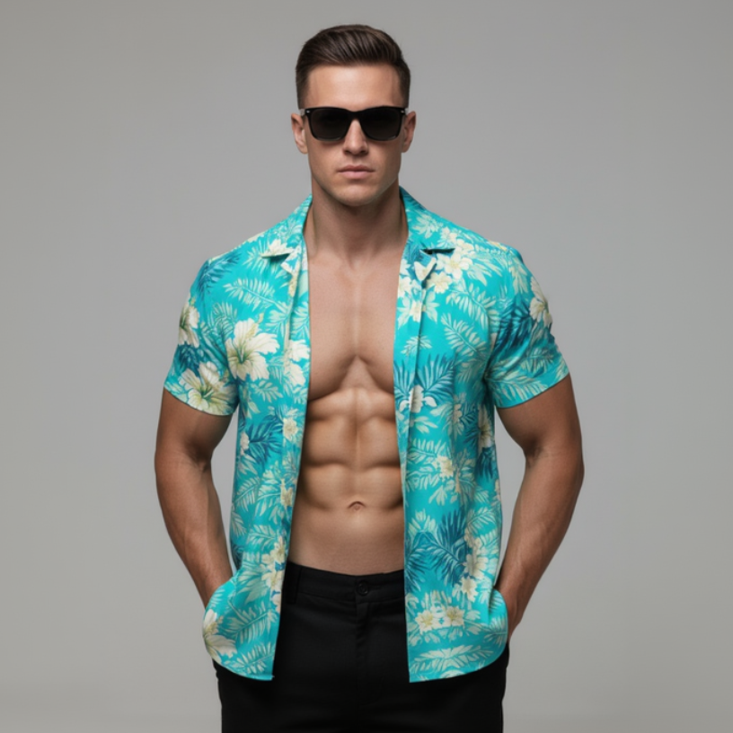 Tommy Vercetti Vice City Hawaiian Shirt (Alternative Teal) close up