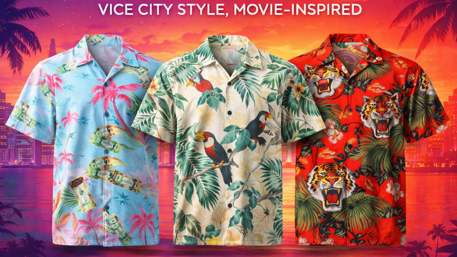 Vice City Shirts, Scarface Hawaiian shirts  Tommy Vercetti Hawaiian Shirts.with colorful designs on a vibrant sunset cityscape background.
