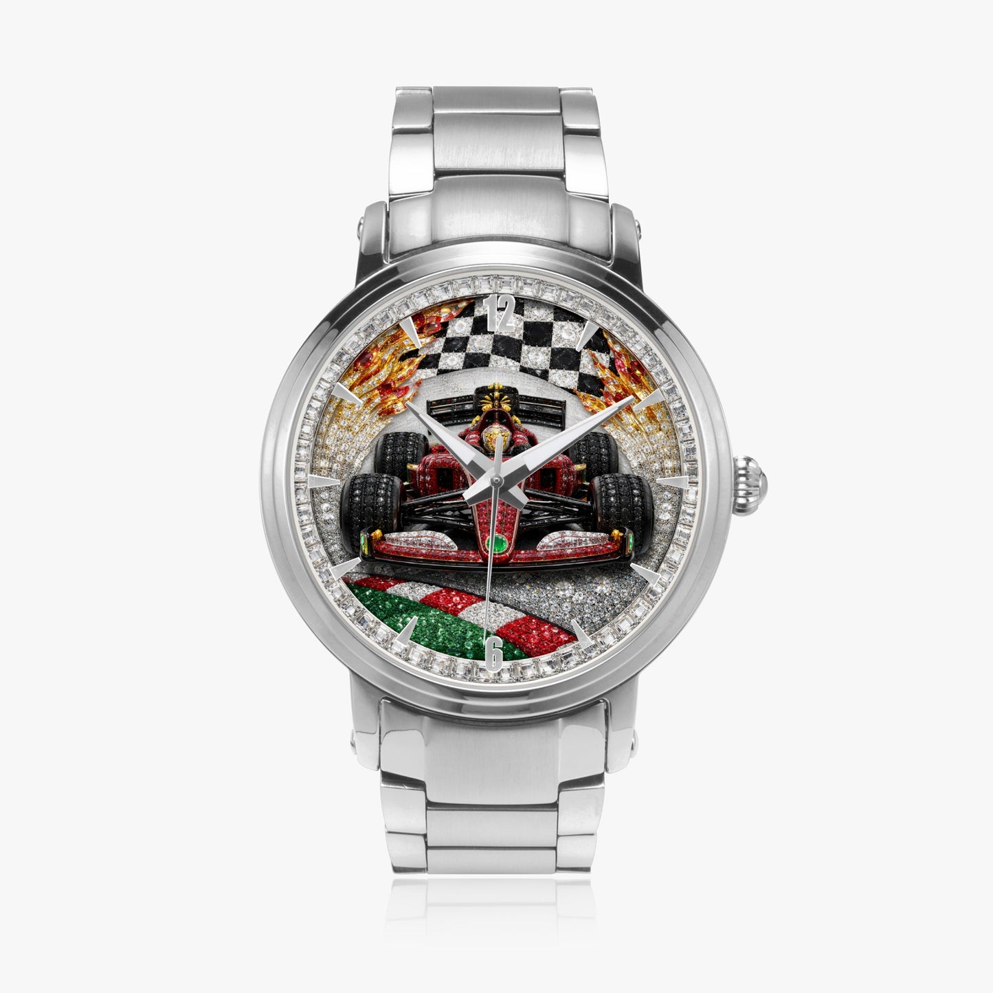 Jaycoh™ F1 Color Incrusted Diamonds 213. New Steel Strap Automatic Watch (With Indicators) | Print-on-Demand Custom Watch - angled view | print on demand watch print custom watch