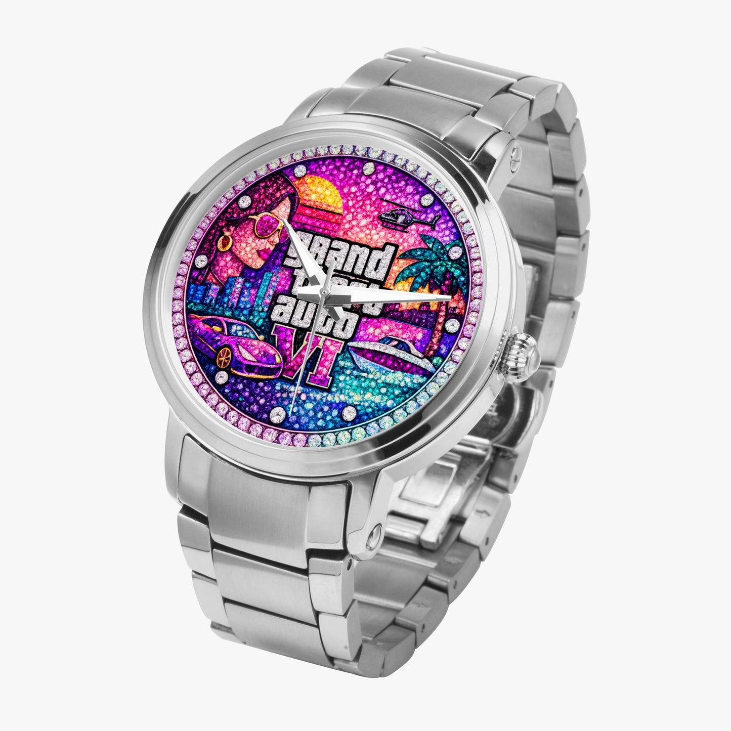 Jaycoh™ GTA 6 Incrusted Color Diamonds 212. New Steel Strap Automatic Watch | Print-on-Demand Custom Watch - wrist shot | print on demand watch print custom watch